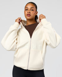 Woman wearing Shadow Mode Oversized Zip Through Hoodie - Off White | Model:Rosie | Size:XS | Thumbnail Index: 3