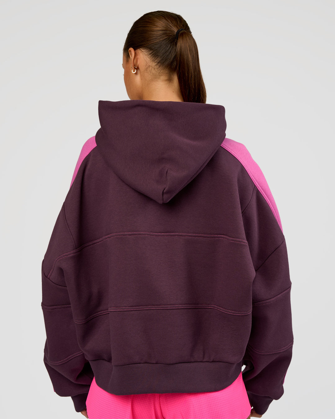 Woman wearing Slam Cropped Oversized Hoodie - Midnight Plum-Ultra Fuchsia | Model:Brylee | Size:XS - view 3
