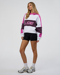 Woman wearing Slam Cropped Oversized Hoodie - White-Ultra Fuchsia | Model:Leilani | Size:XS | Thumbnail Index: 4