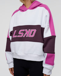 Woman wearing Slam Cropped Oversized Hoodie - White-Ultra Fuchsia | Model:Leilani | Size:XS | Thumbnail Index: 5