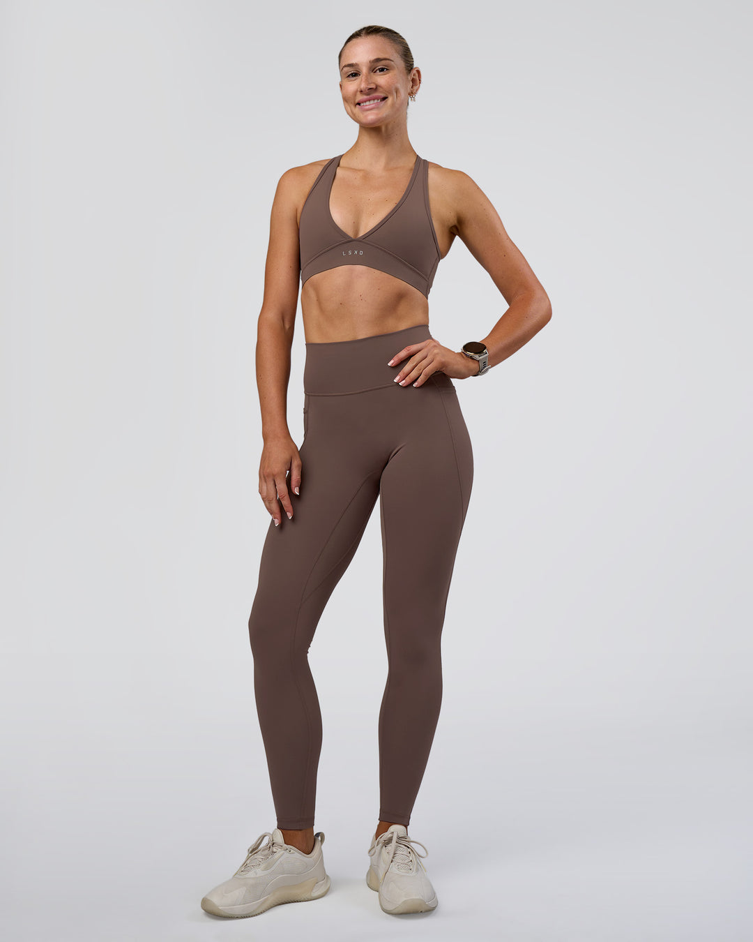 Woman wearing Stamina Sports Bra - Peppercorn | Model:Emelia | Size:XS - view 6
