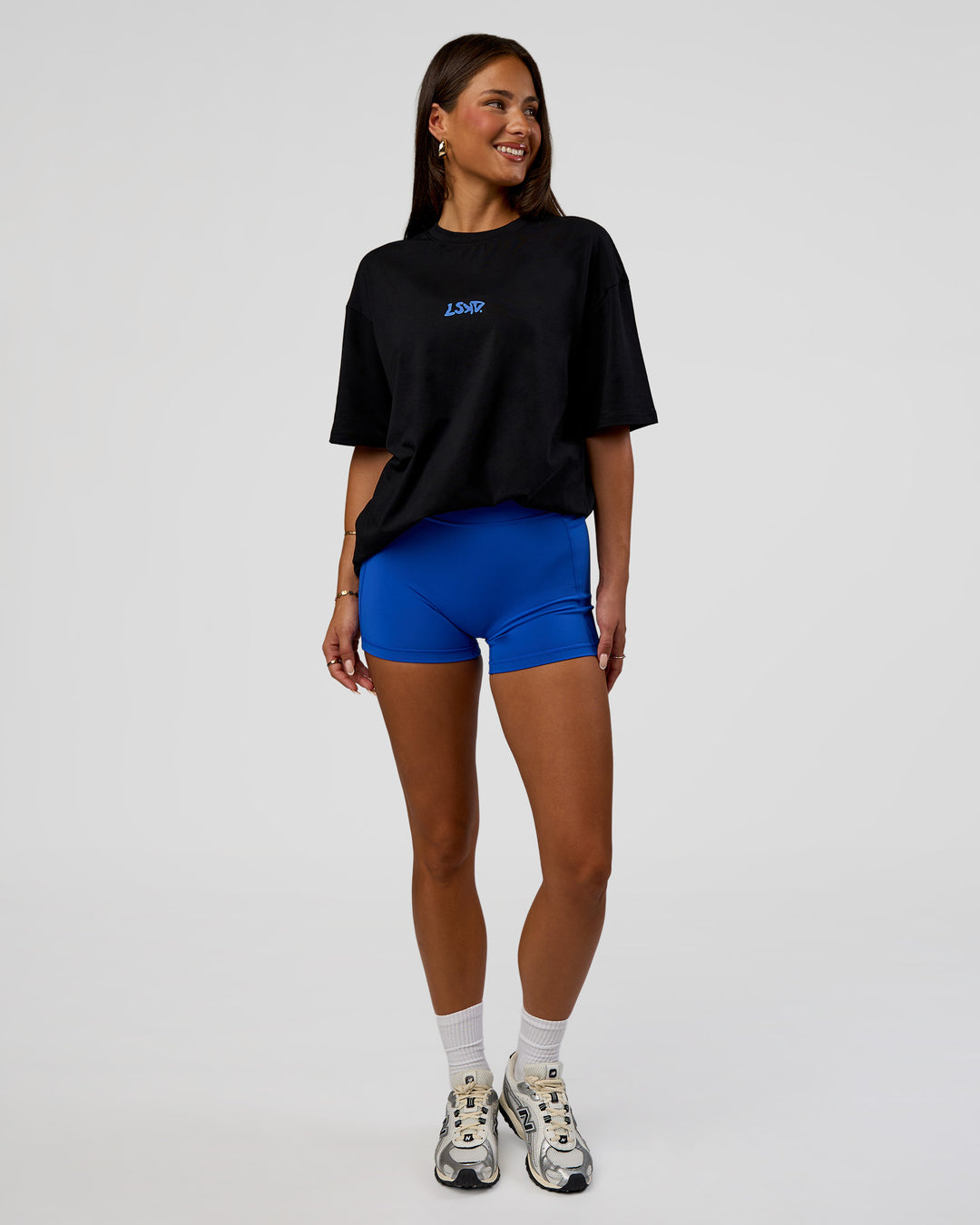 Woman wearing Standard Issue FLXCotton Oversized Tee - Black-Palace Blue | Model:Bianca | Size:XS - view 7