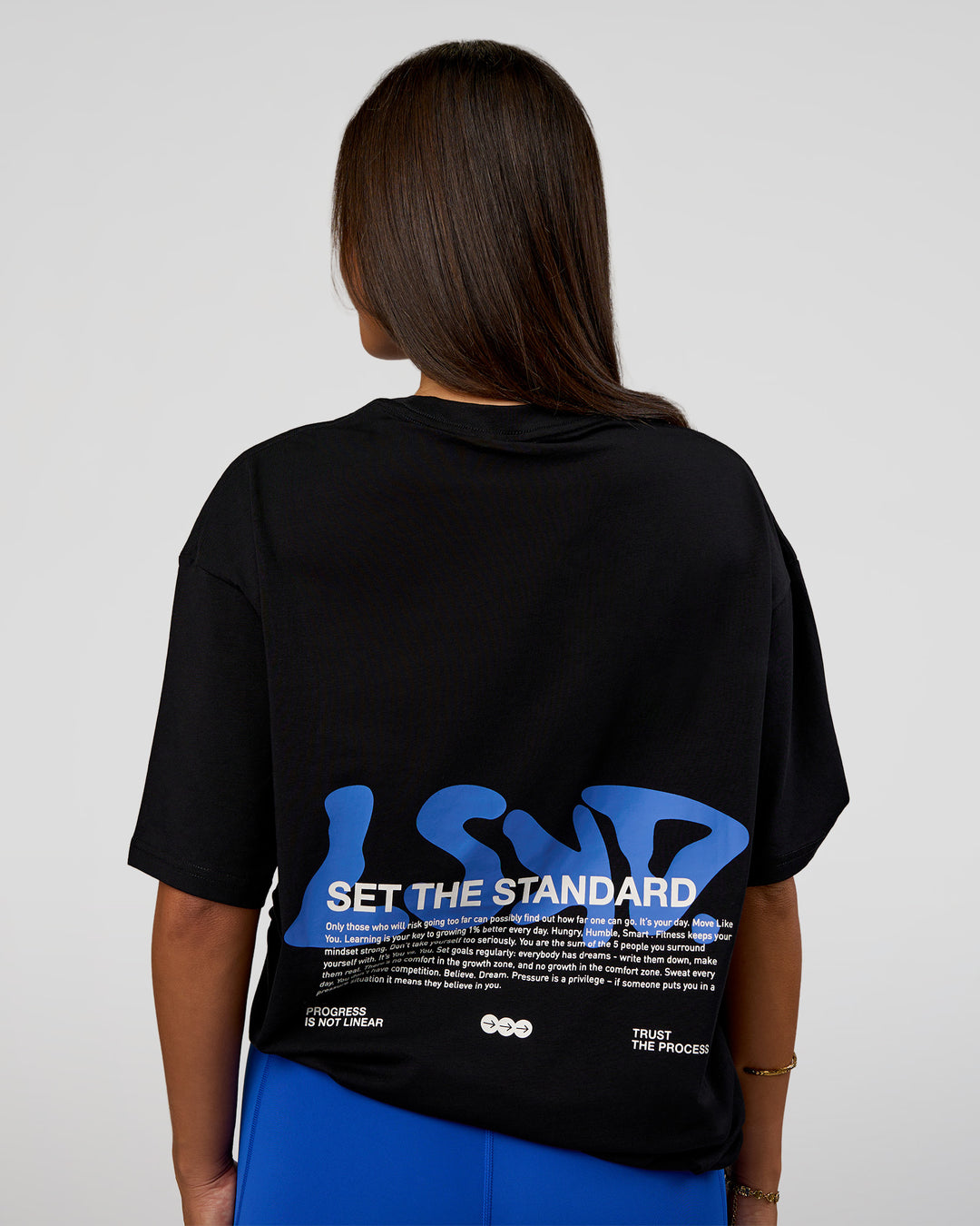 Woman wearing Standard Issue FLXCotton Oversized Tee - Black-Palace Blue | Model:Bianca | Size:XS - view 5