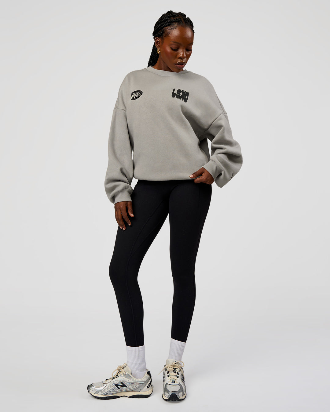 Woman wearing Static Grit Boxy Crew - Alloy-Black | Model:Ellie | Size:XS - view 12