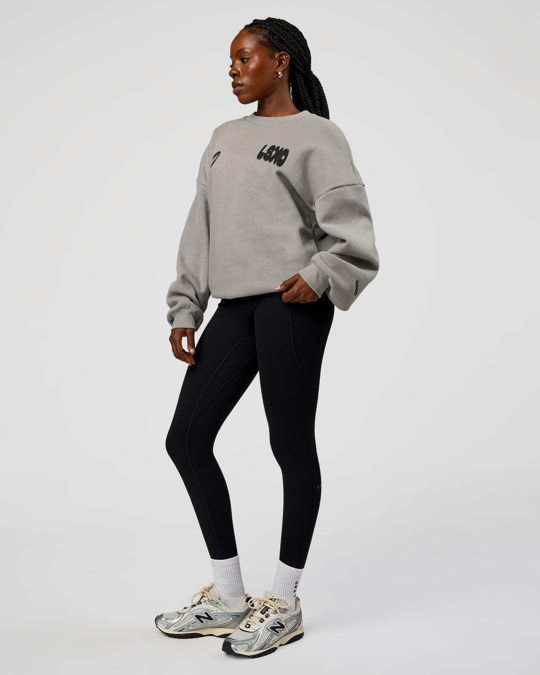Woman wearing Static Grit Boxy Crew - Alloy-Black | Model:Ellie | Size:XS - view 5