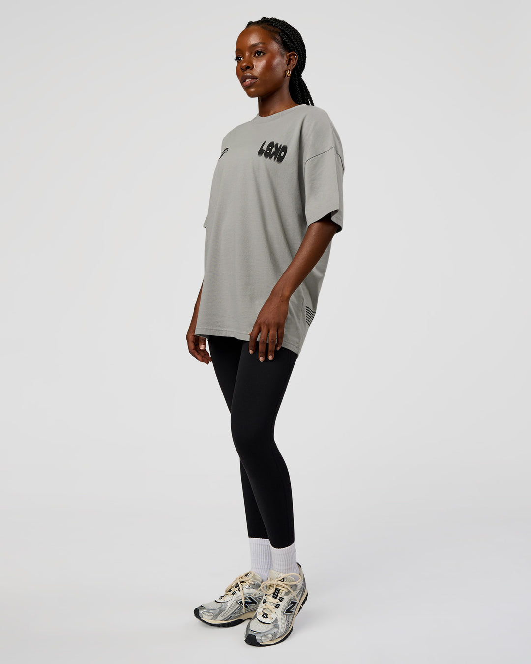 Woman wearing Static Grit Heavyweight Oversized Tee - Alloy-Black | Model:Ellie | Size:XS - view 12
