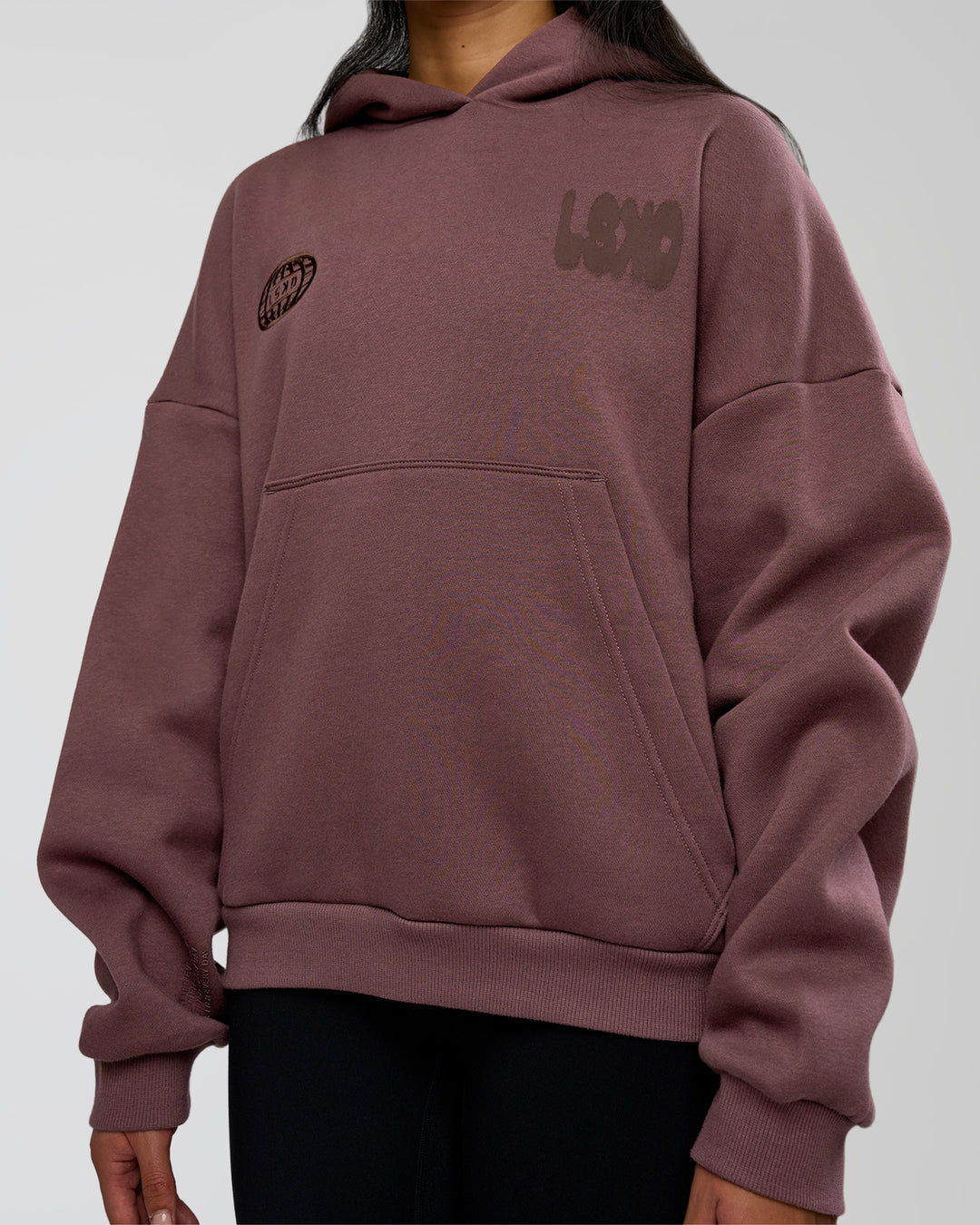 Woman wearing Static Grit Unisex Boxy Hoodie - Cocoa Powder-Hot Chocolate | Model:Loren | Size:XS - view 9