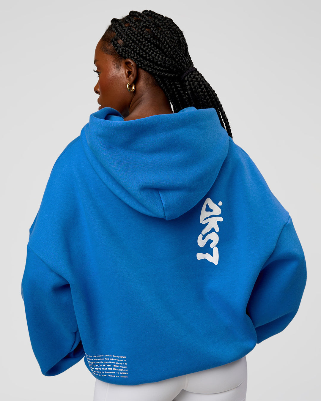 Woman wearing Static Grit Unisex Boxy Hoodie - Palace Blue-White | Model:Ellie | Size:XS - view 6