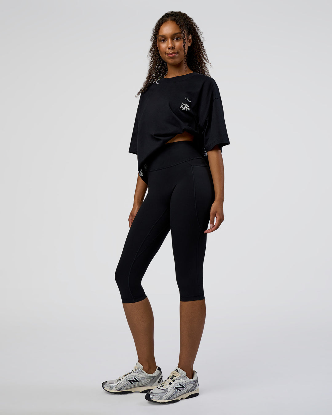 Woman wearing Sticker Heavyweight Oversized Tee - Black-White | Model:Jordan | Size:XS - view 13