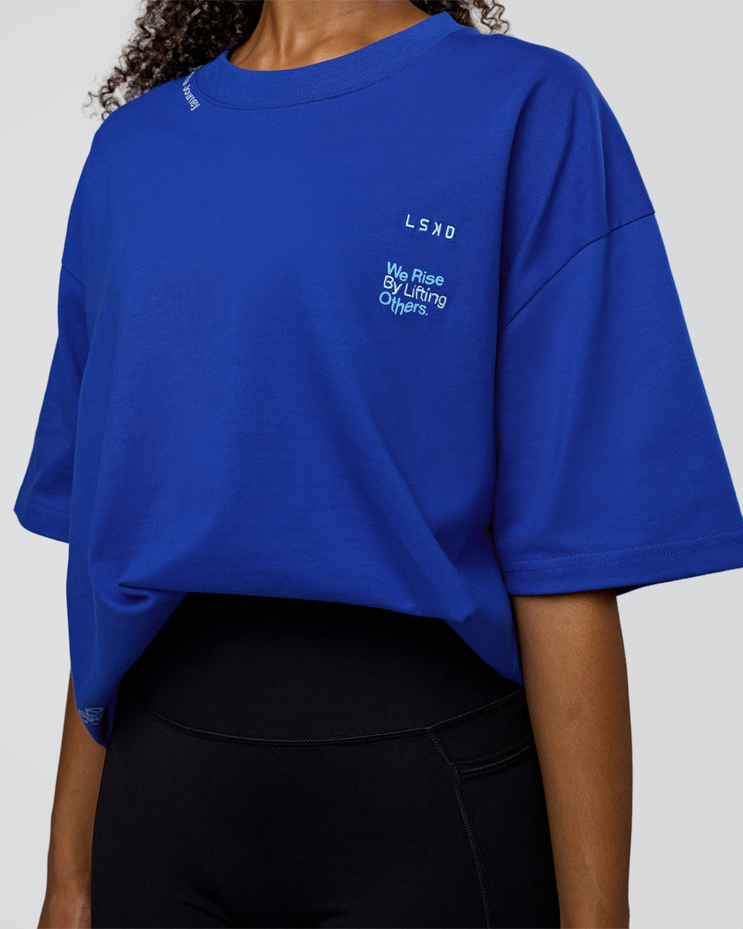 Woman wearing Sticker Heavyweight Oversized Tee - Electric Indigo-Baltic Sea | Model:Jordan | Size:XS - view 9