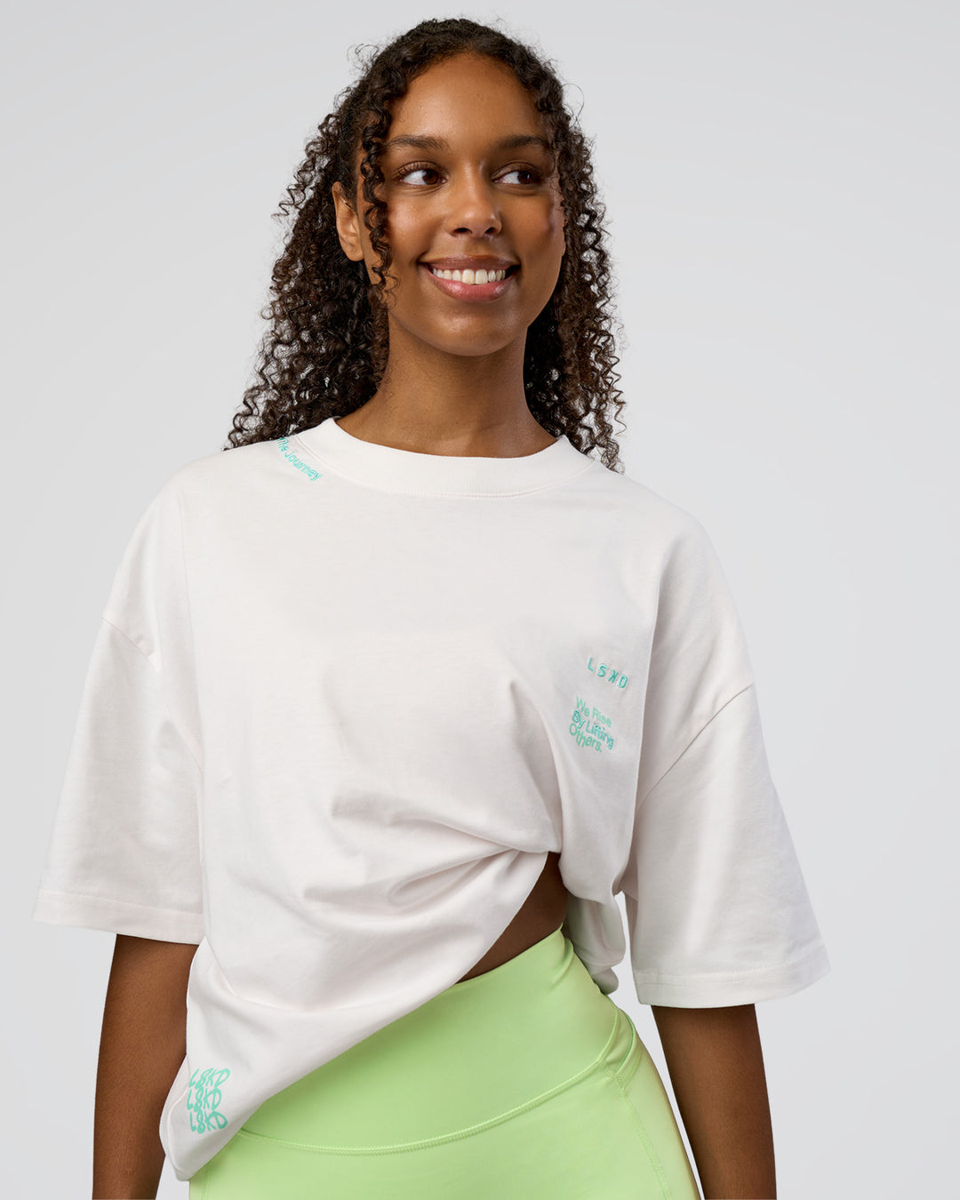 Woman wearing Sticker Heavyweight Oversized Tee - Off White-Jelly Mint | Model:Jordan | Size:XS - view 3