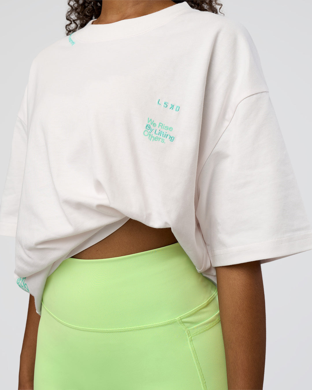Woman wearing Sticker Heavyweight Oversized Tee - Off White-Jelly Mint | Model:Jordan | Size:XS - view 10