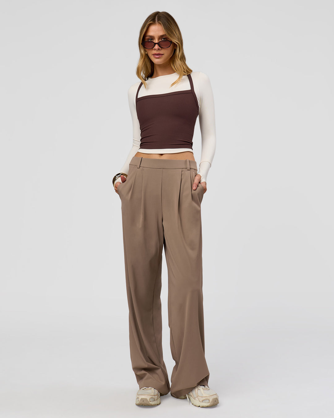 Woman wearing StretchShift Wide Leg Pant - Taupe Ash | Model:Leilani | Size:XS - view 5