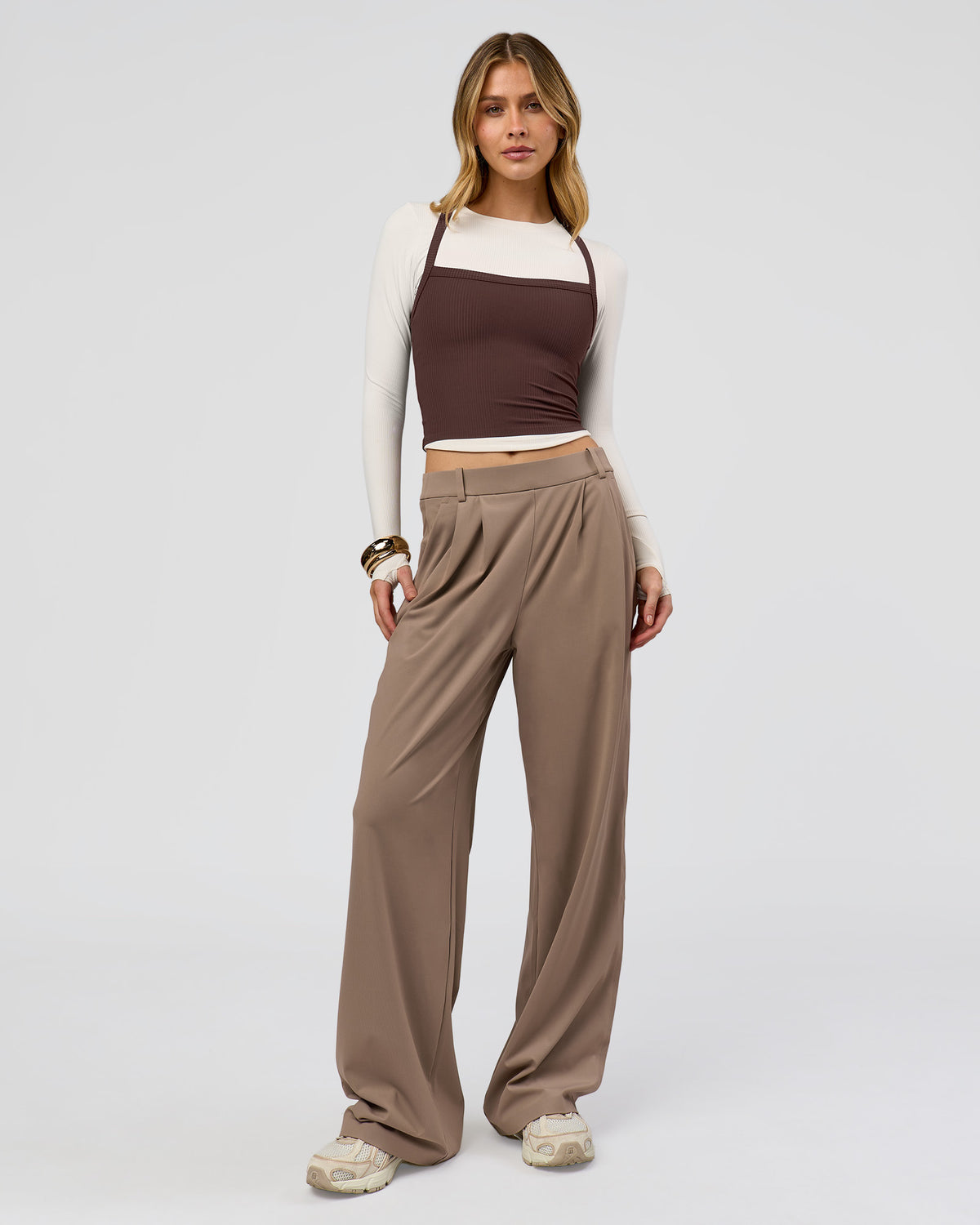 Woman wearing StretchShift Wide Leg Pant - Taupe Ash | Model:Leilani | Size:XS