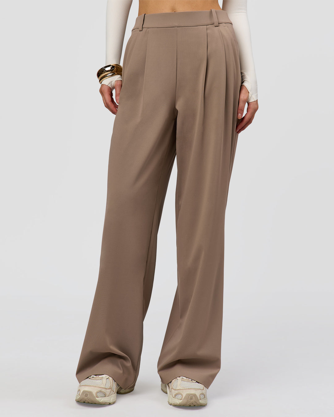 Woman wearing StretchShift Wide Leg Pant - Taupe Ash | Model:Leilani | Size:XS - view 1