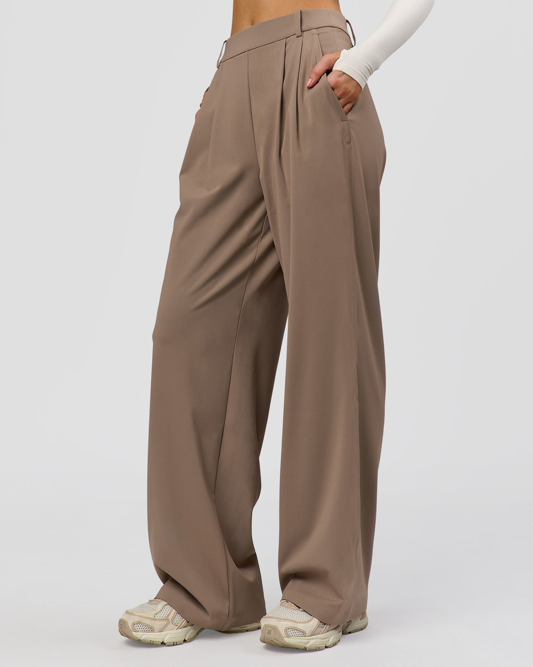 Woman wearing StretchShift Wide Leg Pant - Taupe Ash | Model:Leilani | Size:XS - view 7