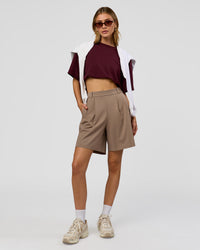 Woman wearing StretchShift Wide Leg Short - Taupe Ash | Model:Leilani | Size:XS | Thumbnail Index: 0