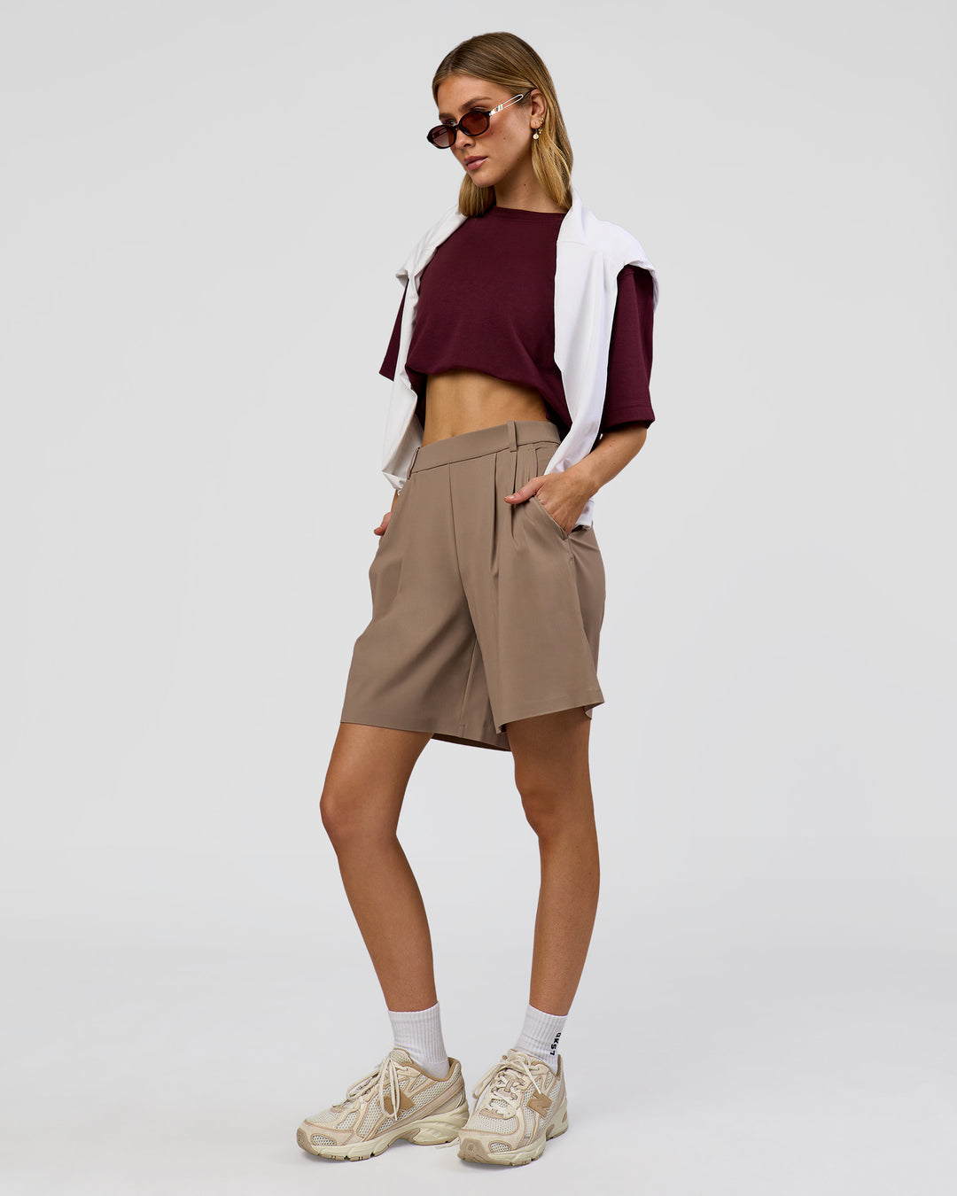 Woman wearing StretchShift Wide Leg Short - Taupe Ash | Model:Leilani | Size:XS - view 5