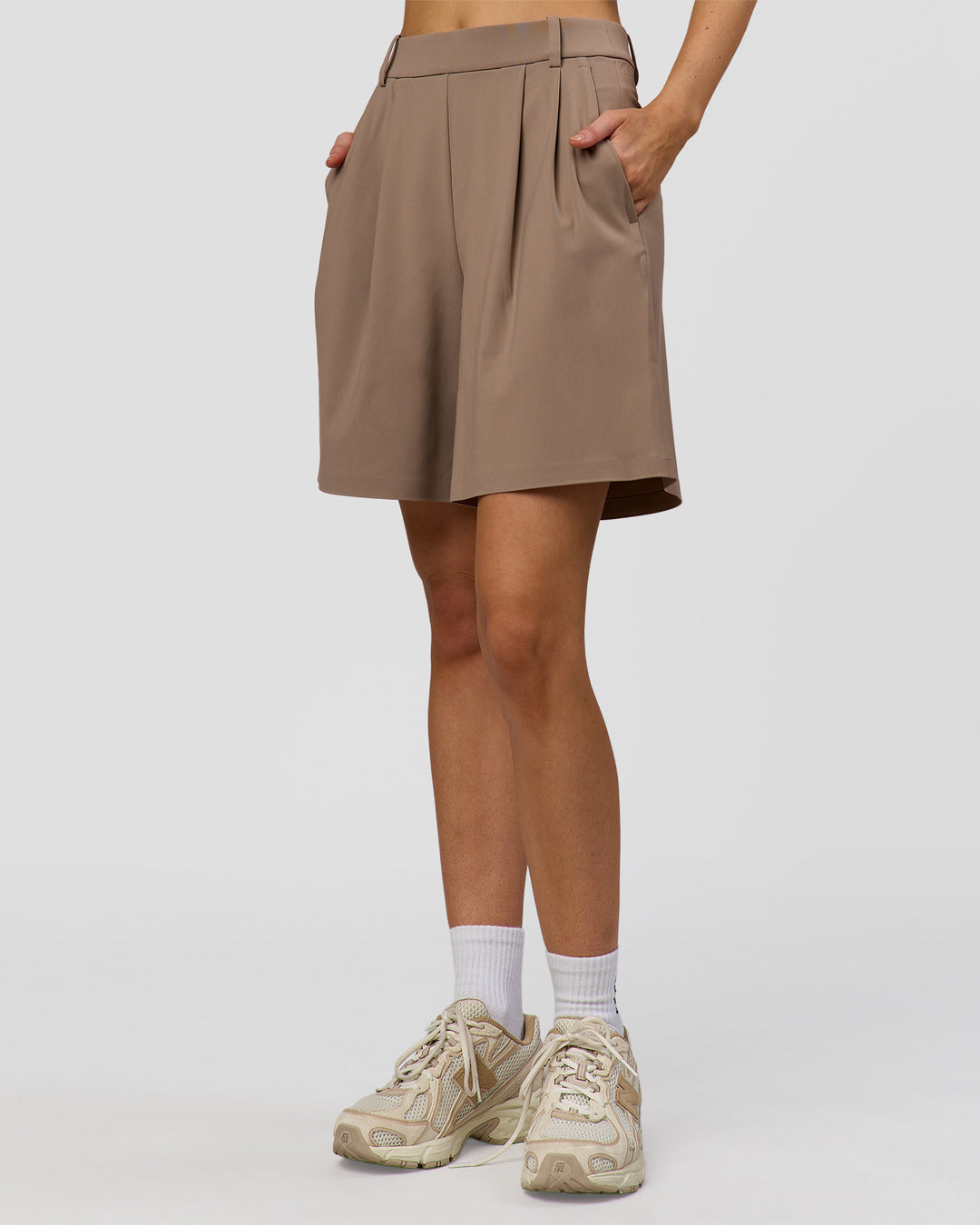 Woman wearing StretchShift Wide Leg Short - Taupe Ash | Model:Leilani | Size:XS - view 2