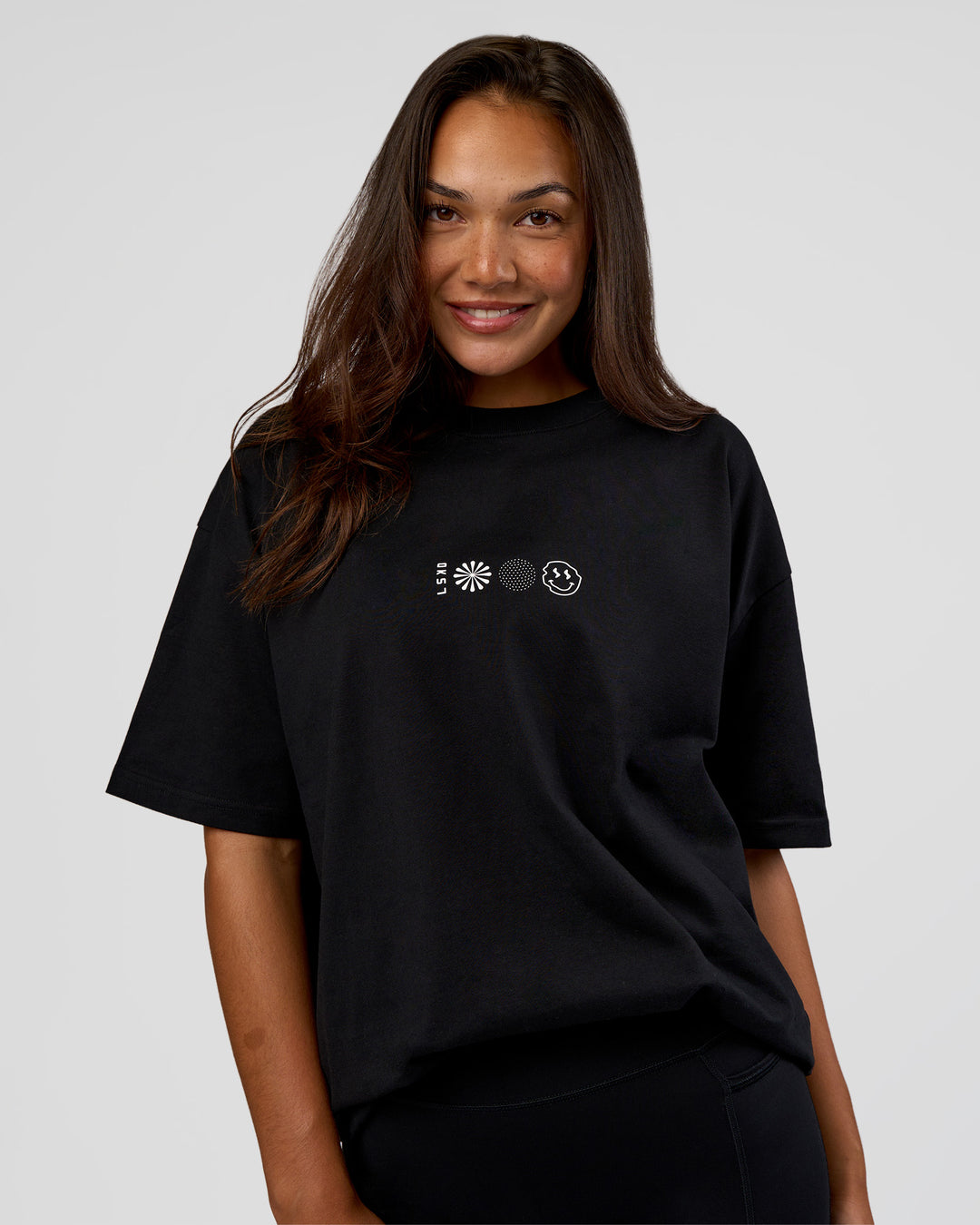 Woman wearing Trust The Process Heavyweight Unisex Oversized Tee - Black-White | Model:Kirstyn | Size:XS - view 5