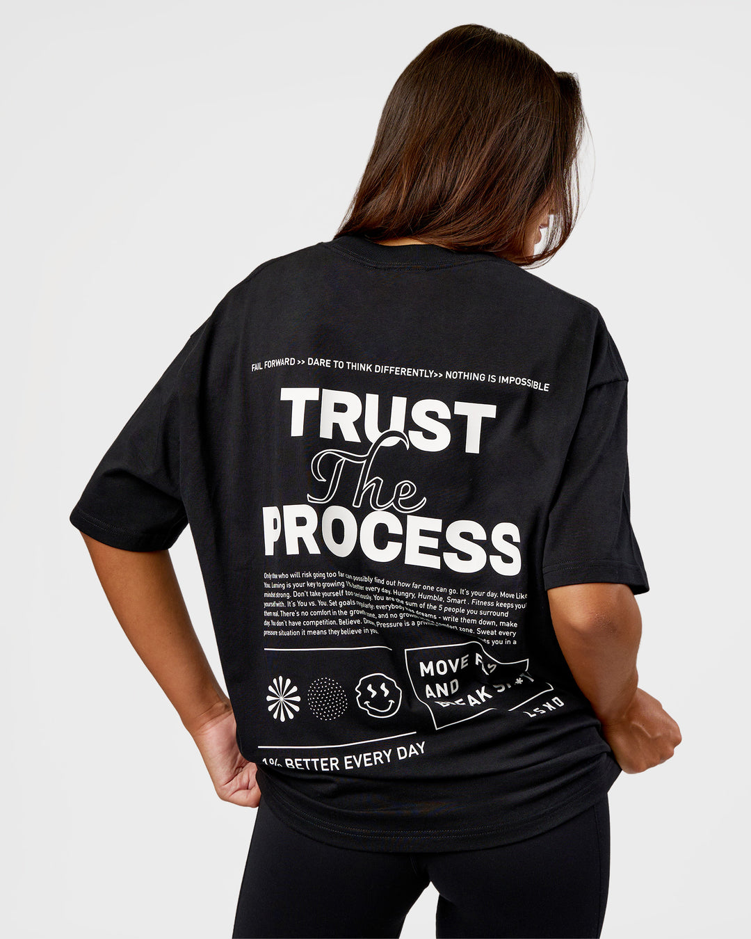 Woman wearing Trust The Process Heavyweight Unisex Oversized Tee - Black-White | Model:Kirstyn | Size:XS - view 4