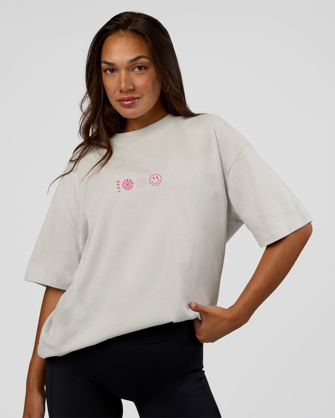 Woman wearing Trust The Process Heavyweight Unisex Oversized Tee - Digital Mist-Ultra Pink | Model:Kirstyn | Size:XS - view 7
