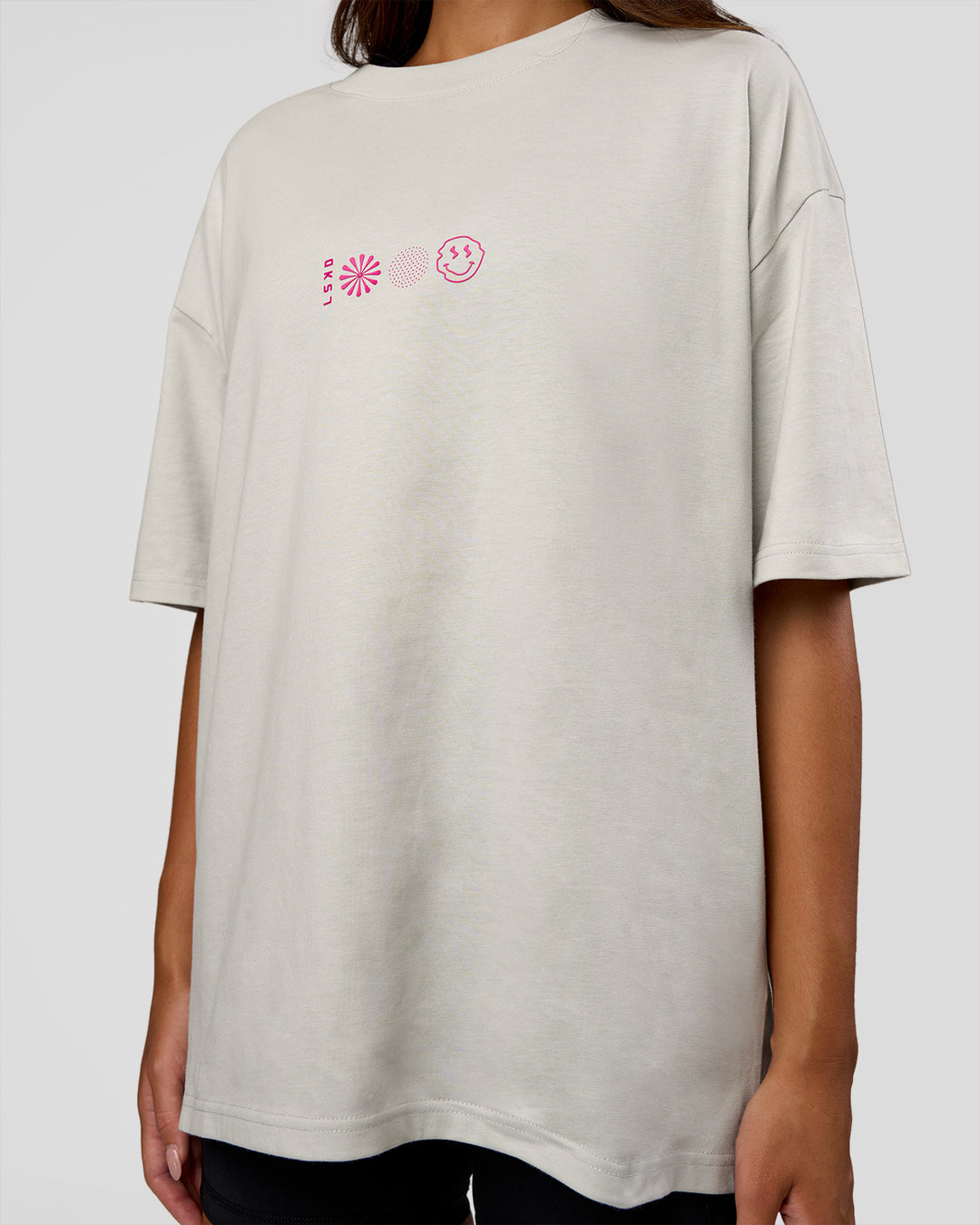 Woman wearing Trust The Process Heavyweight Unisex Oversized Tee - Digital Mist-Ultra Pink | Model:Kirstyn | Size:XS - view 11