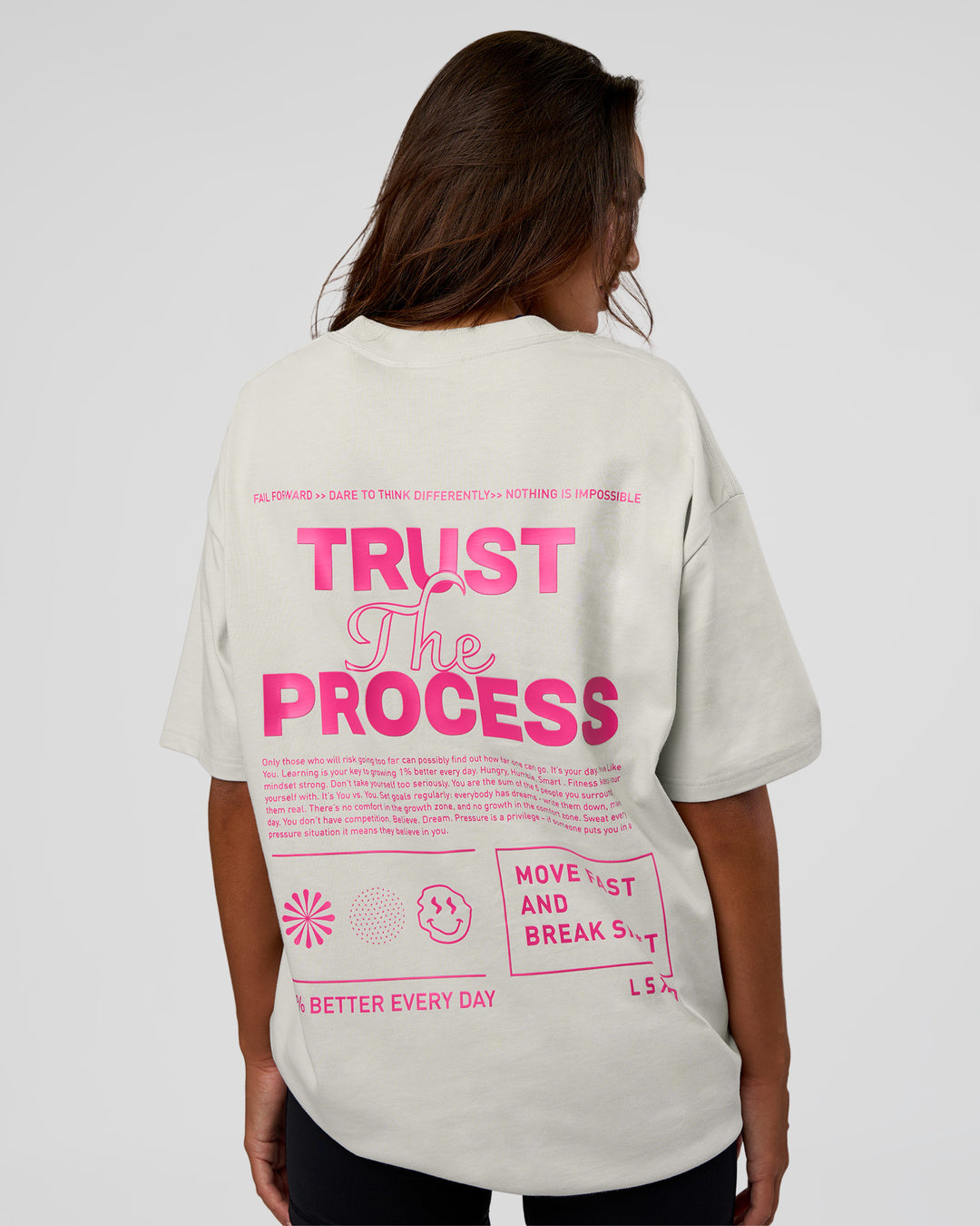 Woman wearing Trust The Process Heavyweight Unisex Oversized Tee - Digital Mist-Ultra Pink | Model:Kirstyn | Size:XS - view 5