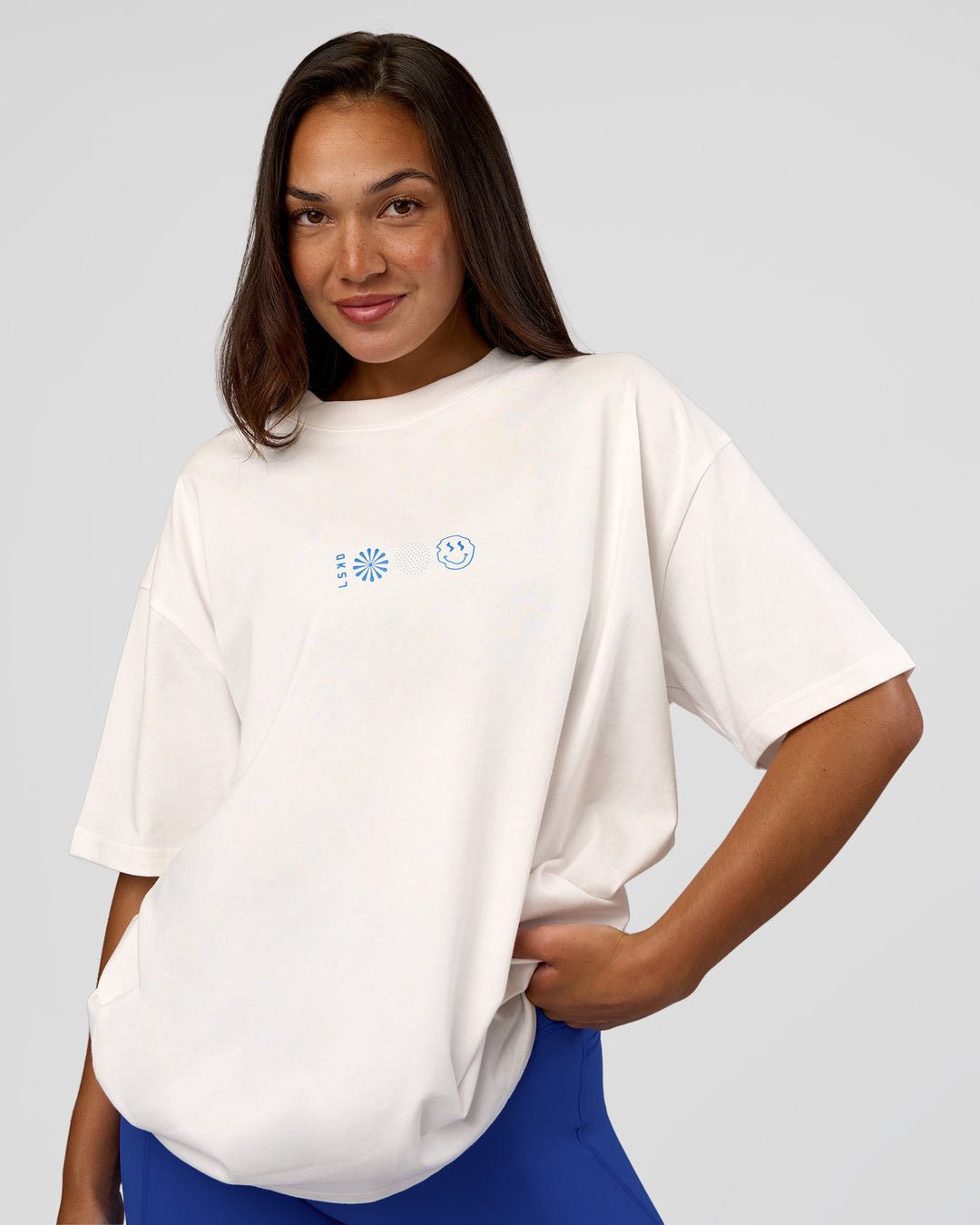 Woman wearing Trust The Process Heavyweight Unisex Oversized Tee - Off White-Electric Indigo | Model:Kirstyn | Size:XS - view 5