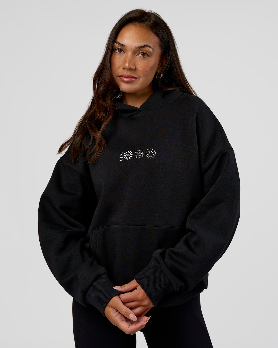 Woman wearing Trust The Process Unisex Oversized Hoodie - Black-White | Model:Kirstyn | Size:XS - view 5