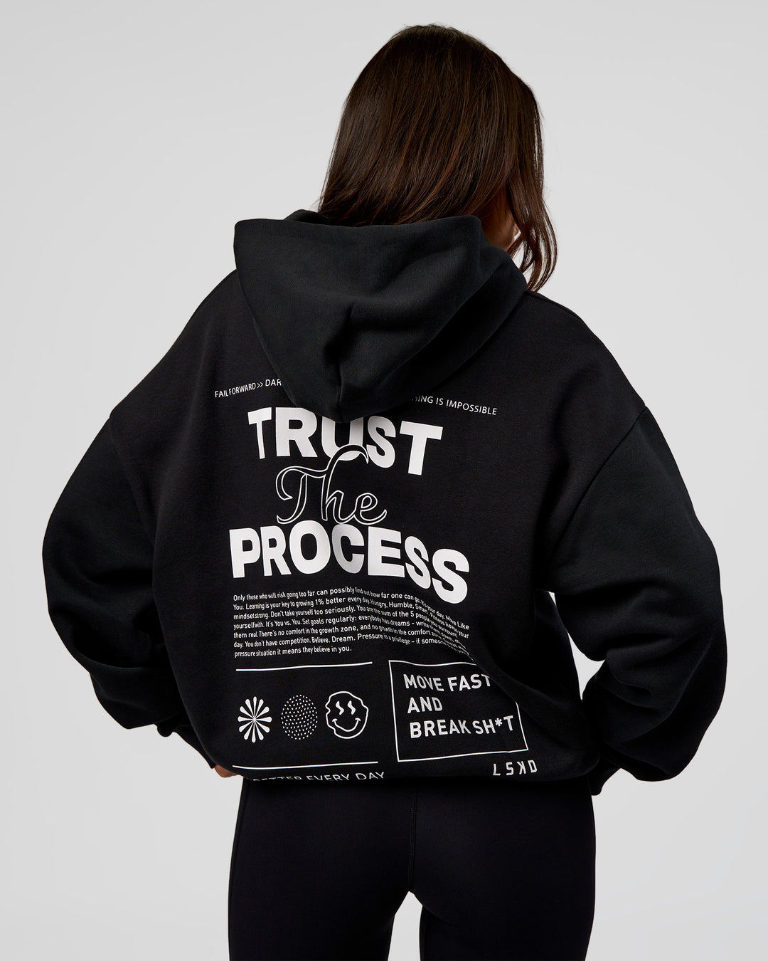 Woman wearing Trust The Process Unisex Oversized Hoodie - Black-White | Model:Kirstyn | Size:XS - view 4