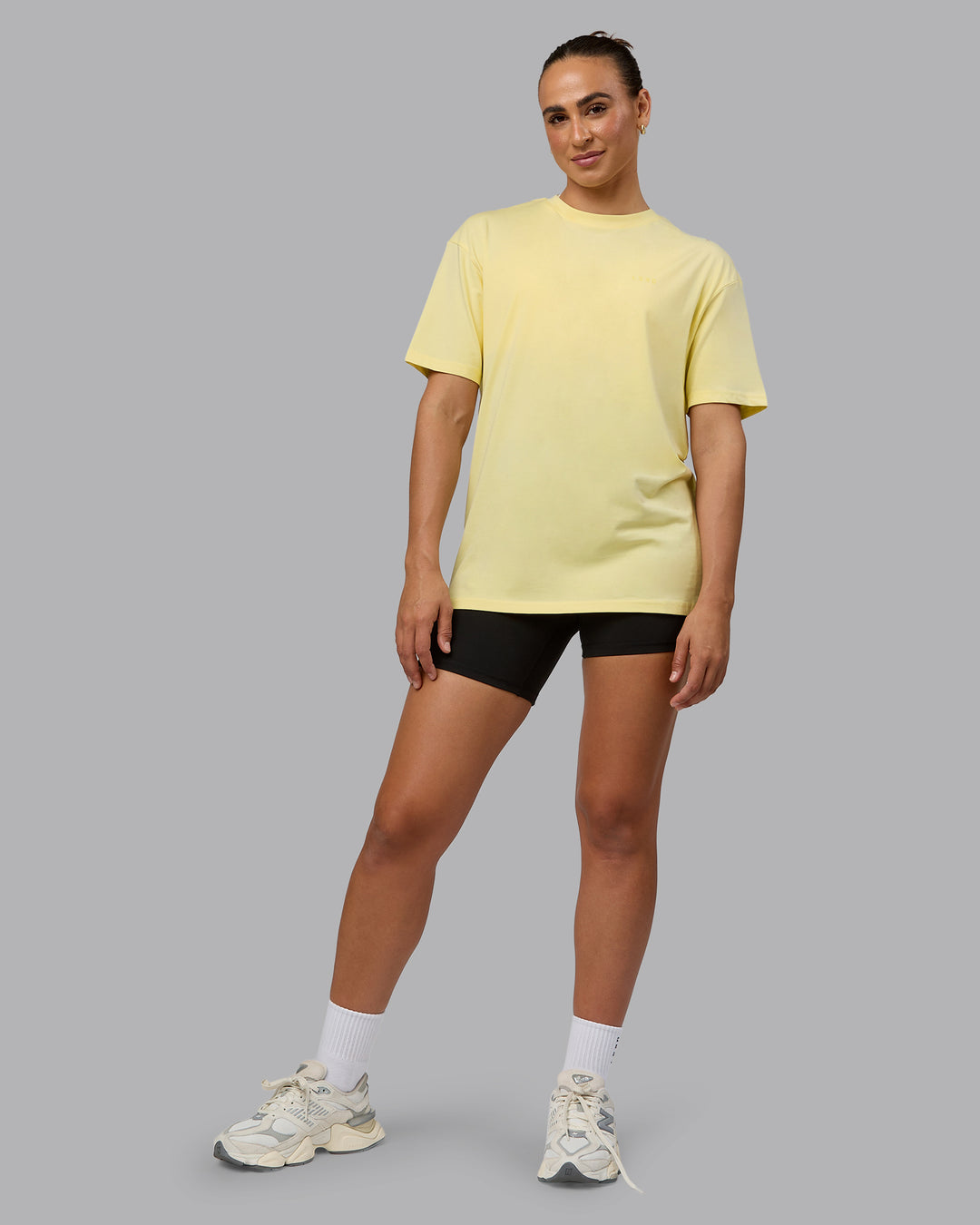 Woman wearing Unisex Enjoy the Journey Value Series FLXCotton Tee Oversize - Pale Yellow-Sundress - view 10