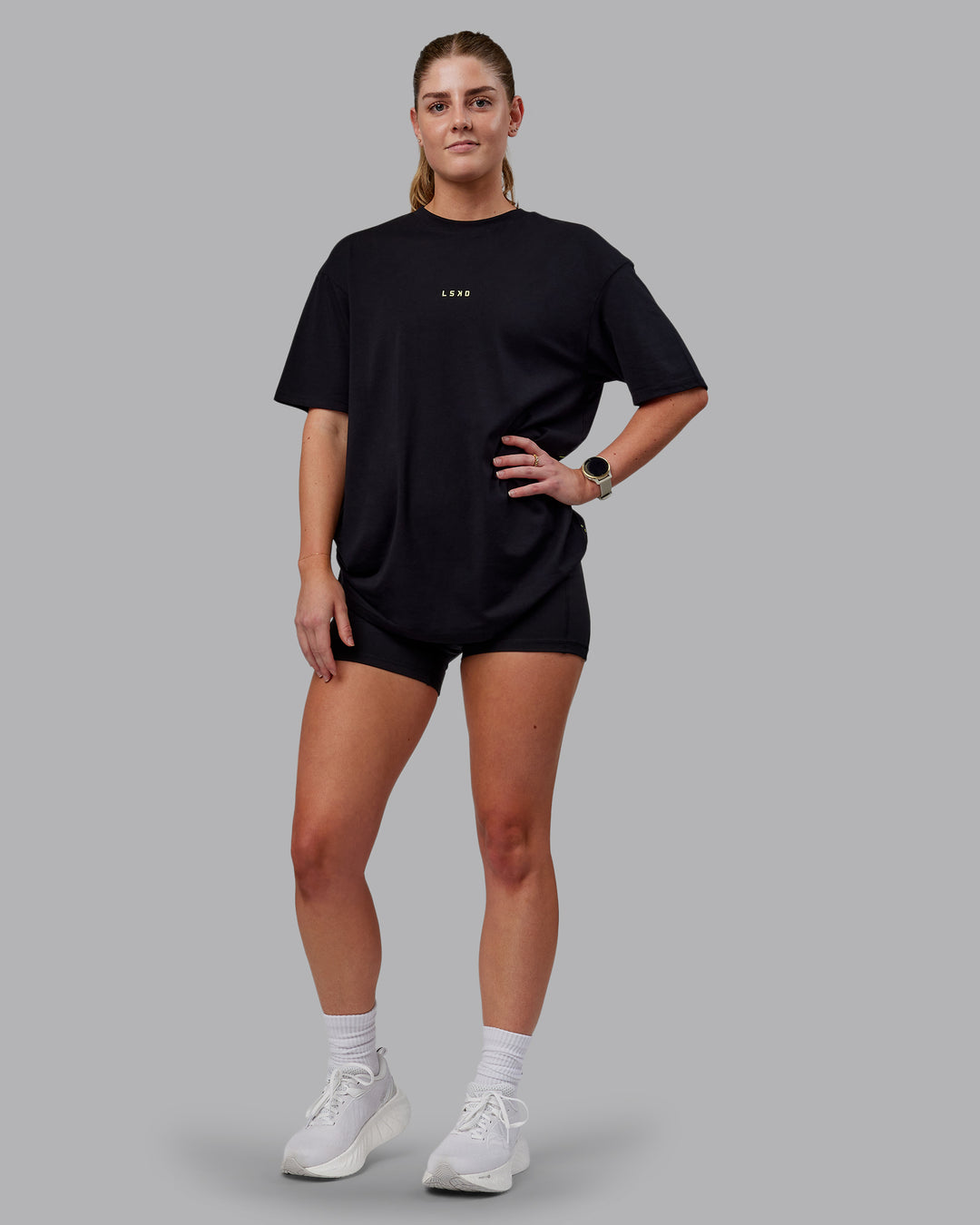 Woman wearing Unisex Leg It FLXCotton Tee Oversize - Black-Volt - view 13