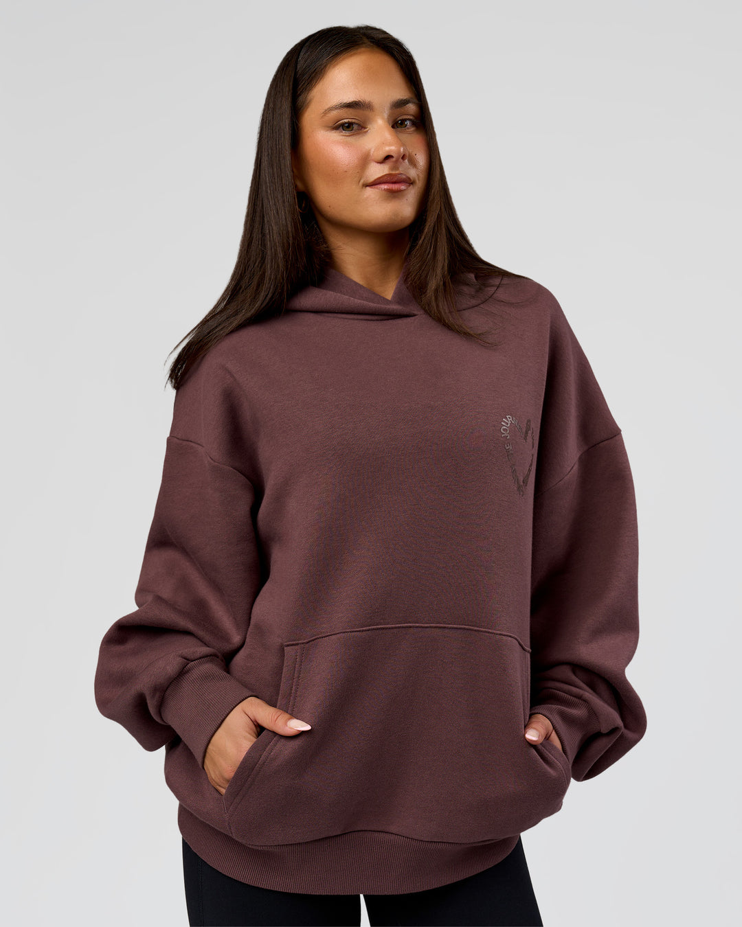 Woman wearing Unisex Love The Process Oversize Hoodie - Cocoa Powder-Hot Chocolate | Model:Bianca | Size:XS - view 4