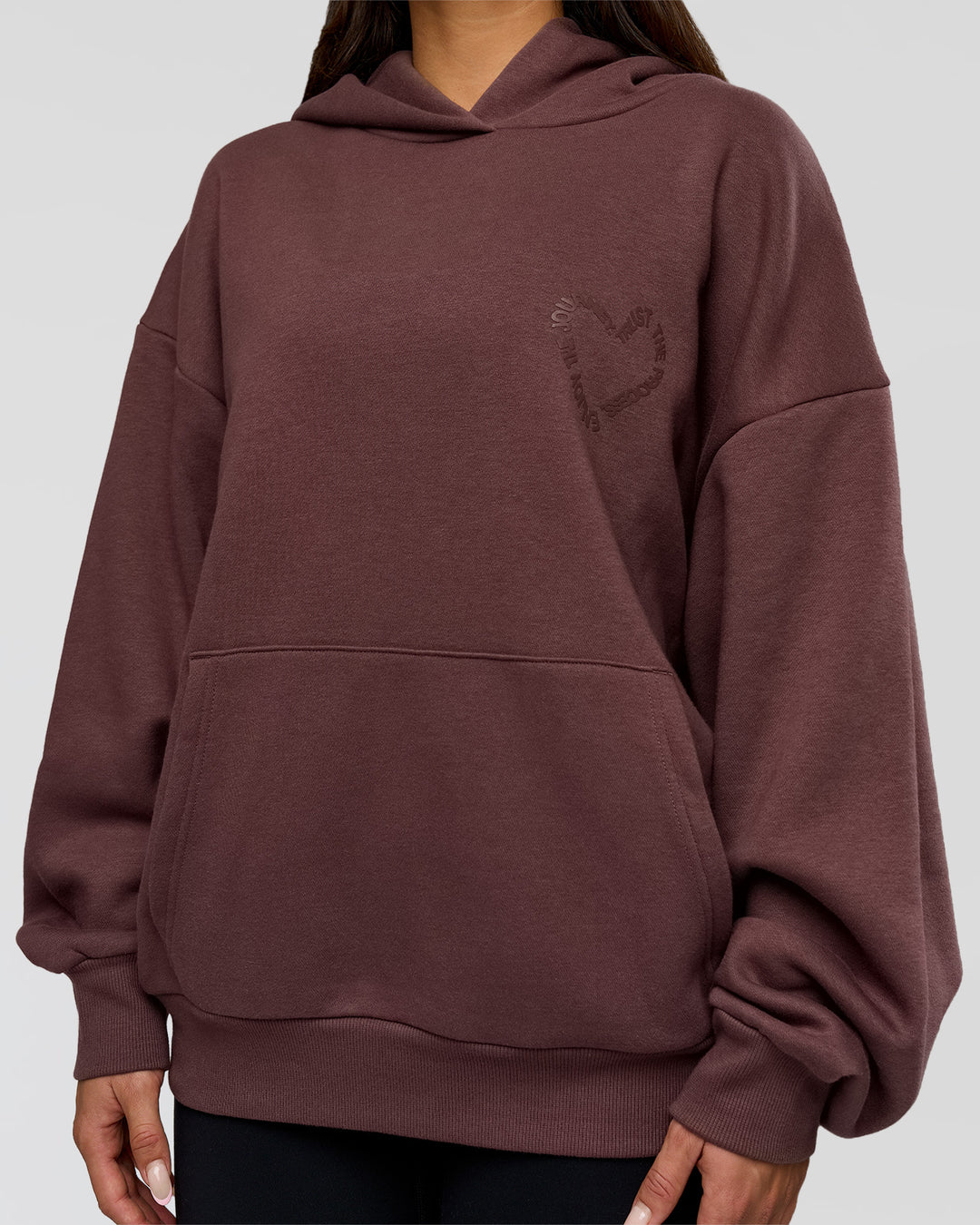 Woman wearing Unisex Love The Process Oversize Hoodie - Cocoa Powder-Hot Chocolate | Model:Bianca | Size:XS - view 9