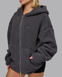 Woman wearing Sherpa Oversized Jacket - Dark Storm | Model:Halle | Size:XS | Thumbnail Index: 7