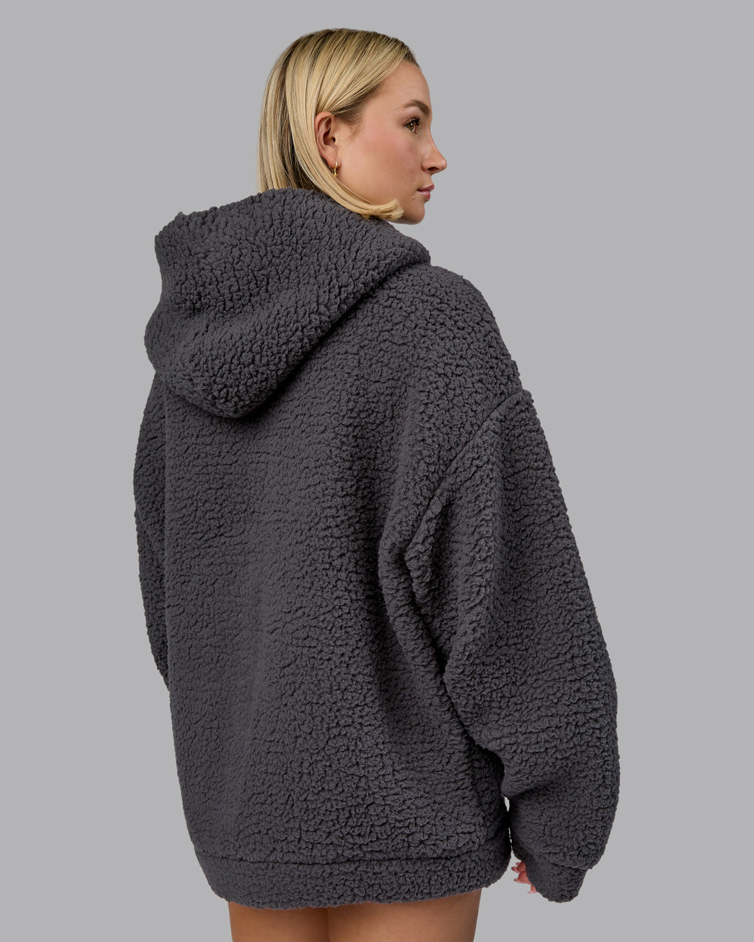Woman wearing Sherpa Oversized Jacket - Dark Storm | Model:Halle | Size:XS - view 13