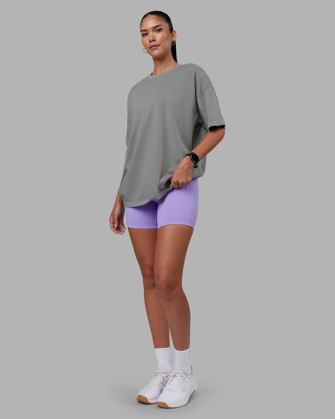 Woman wearing Pressure Washed Heavyweight Oversize Tee - Grey-Bubblegum | Model:Rhiley | Size:XS - view 9