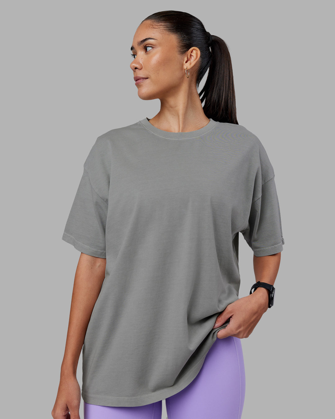 Woman wearing Pressure Washed Heavyweight Oversize Tee - Grey-Bubblegum | Model:Rhiley | Size:XS - view 4