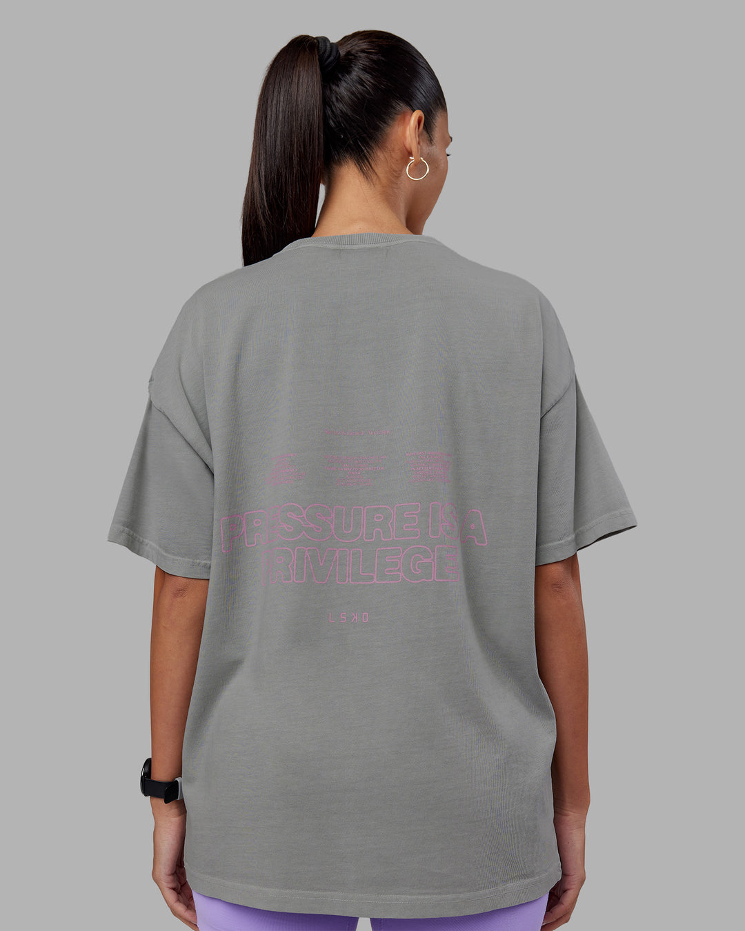 Woman wearing Pressure Washed Heavyweight Oversize Tee - Grey-Bubblegum | Model:Rhiley | Size:XS - view 2
