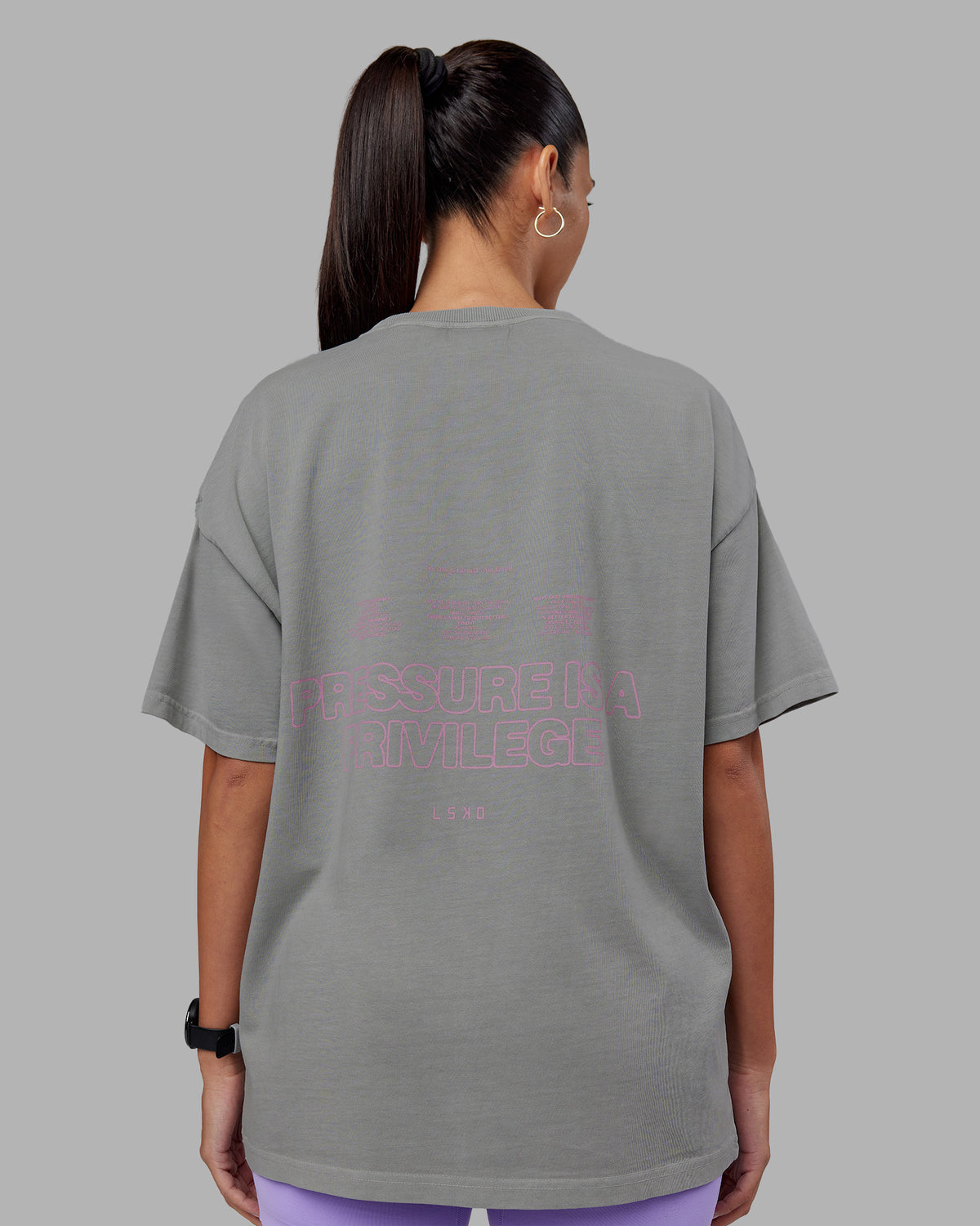 Woman wearing Pressure Washed Heavyweight Oversize Tee - Grey-Bubblegum | Model:Rhiley | Size:XS