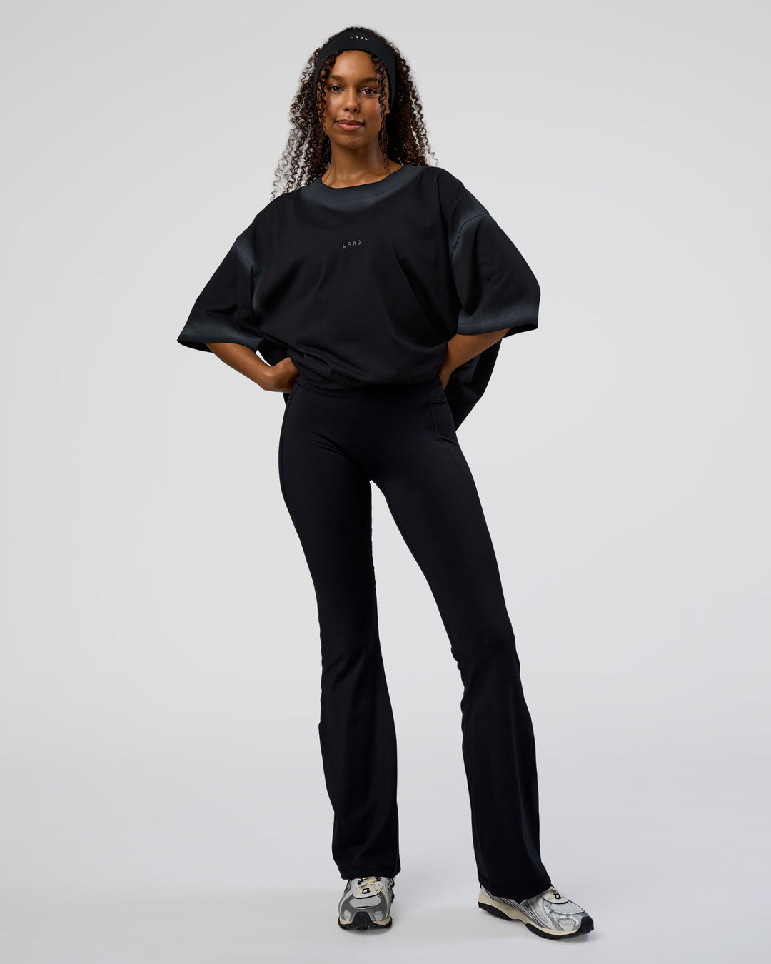 Woman wearing Urban Blur Heavyweight Unisex Oversized Tee - Black-Dark Storm | Model:Jordan | Size:S - view 4