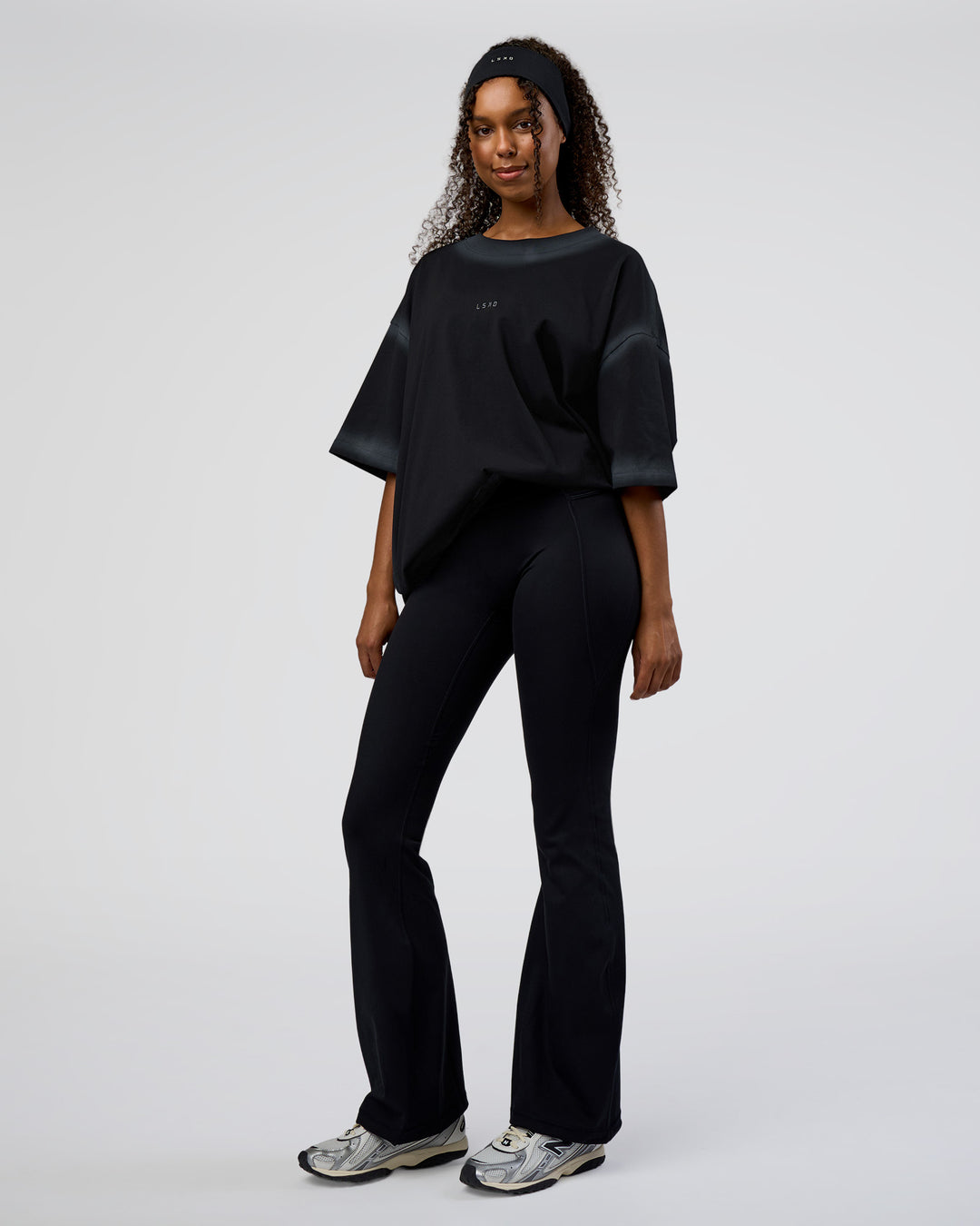 Woman wearing Urban Blur Heavyweight Unisex Oversized Tee - Black-Dark Storm | Model:Jordan | Size:S - view 8