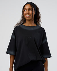 Woman wearing Urban Blur Heavyweight Unisex Oversized Tee - Black-Dark Storm | Model:Jordan | Size:S | Thumbnail Index: 2
