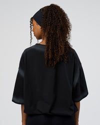 Woman wearing Urban Blur Heavyweight Unisex Oversized Tee - Black-Dark Storm | Model:Jordan | Size:S | Thumbnail Index: 5