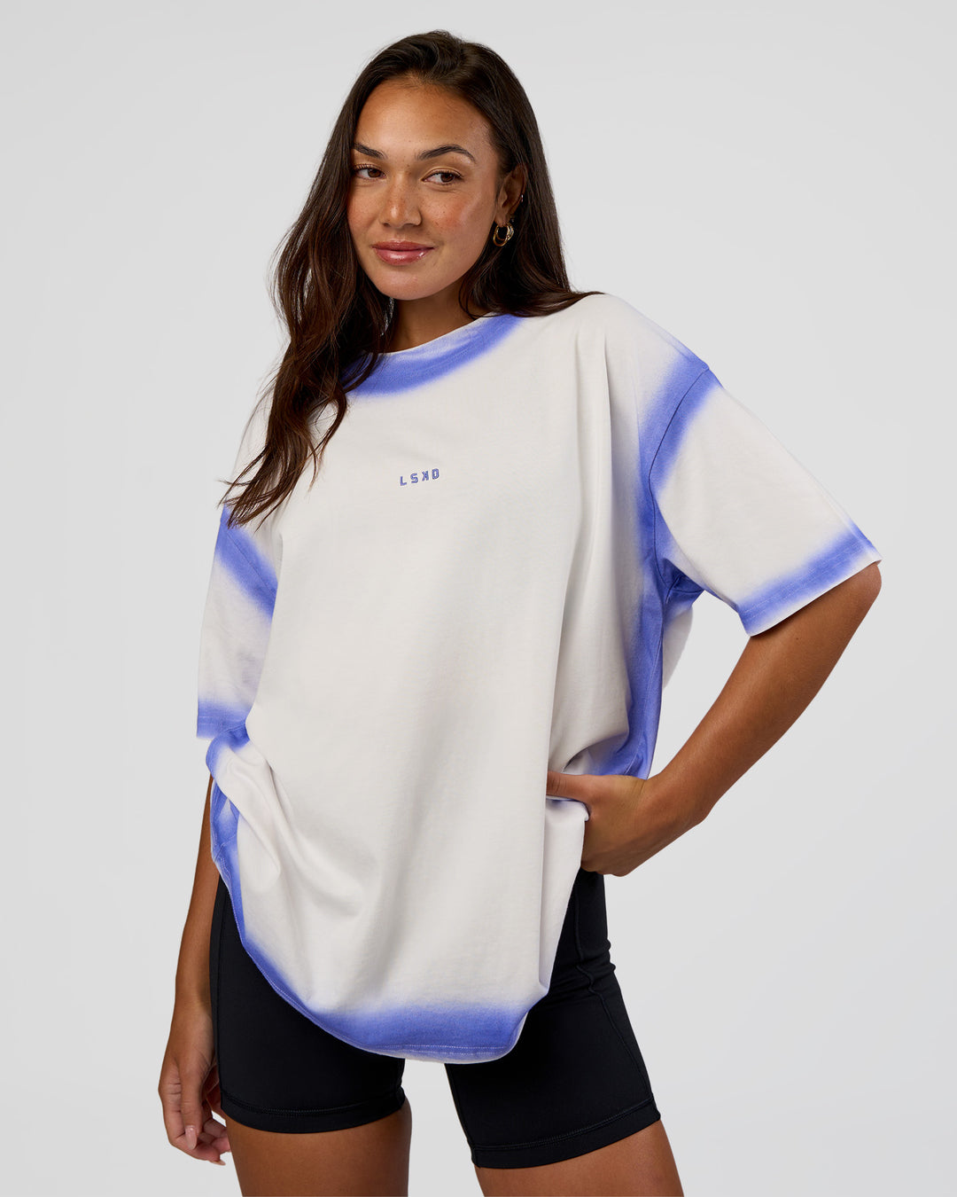 Woman wearing Urban Blur Heavyweight Unisex Oversized Tee - Off White-Power Cobalt | Model:Kirstyn | Size:XS - view 4
