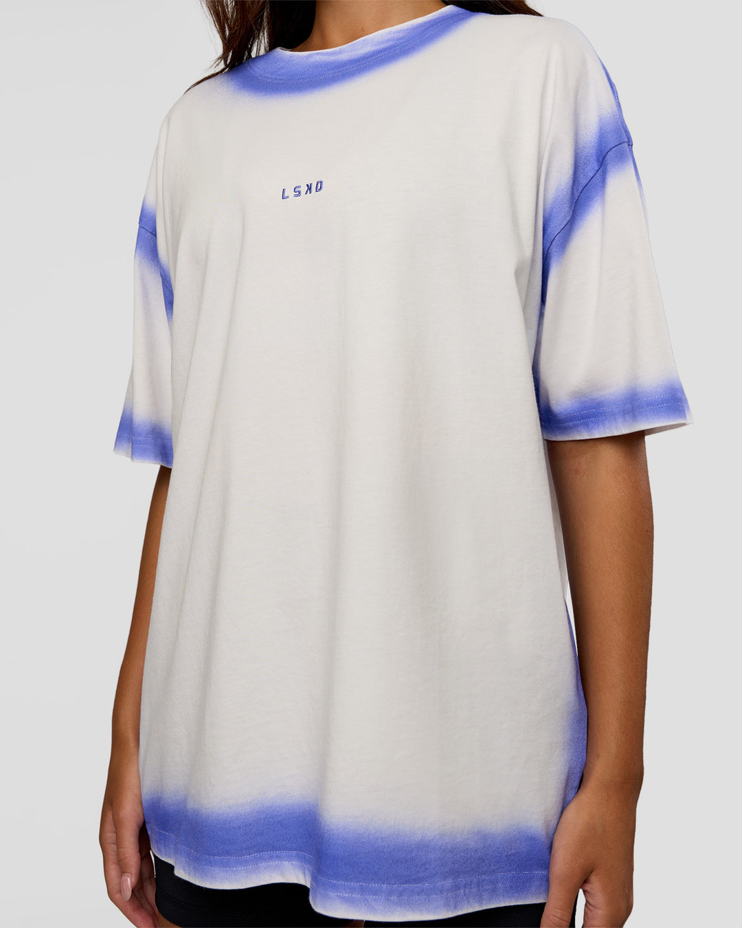 Woman wearing Urban Blur Heavyweight Unisex Oversized Tee - Off White-Power Cobalt | Model:Kirstyn | Size:XS - view 9