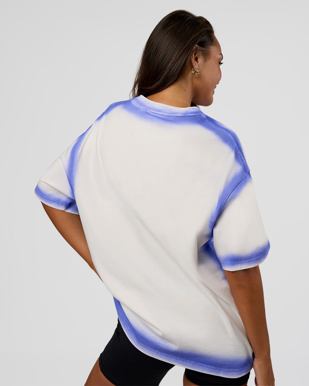 Woman wearing Urban Blur Heavyweight Unisex Oversized Tee - Off White-Power Cobalt | Model:Kirstyn | Size:XS - view 8