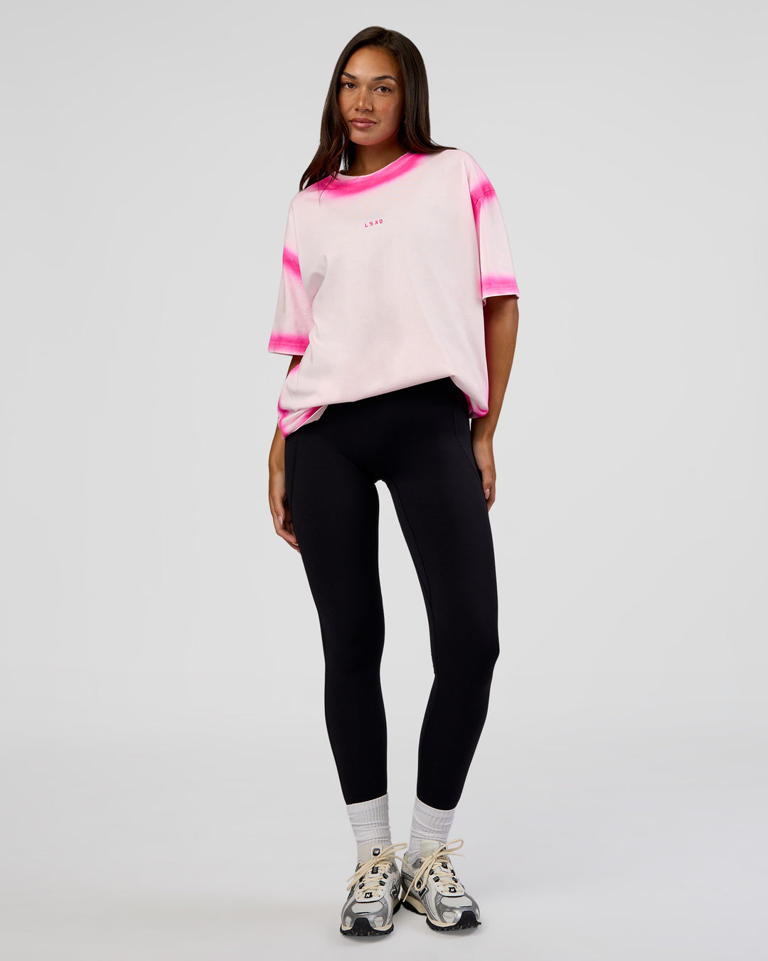 Woman wearing Urban Blur Heavyweight Unisex Oversized Tee - Off White-Ultra Pink | Model:Kirstyn | Size:XS - view 9