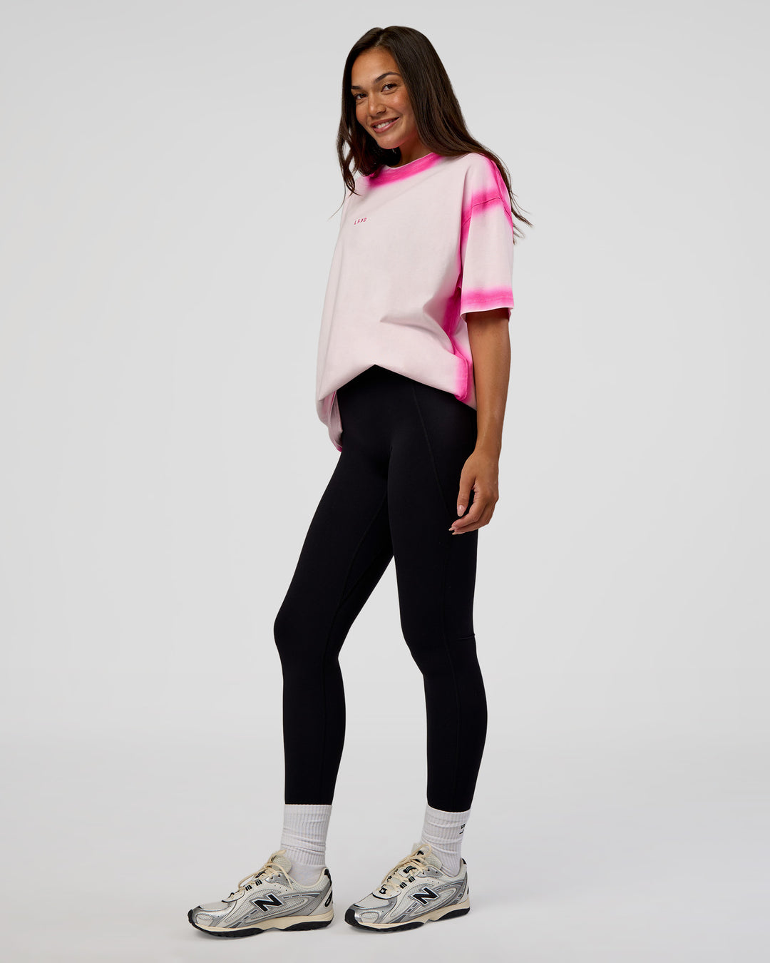 Woman wearing Urban Blur Heavyweight Unisex Oversized Tee - Off White-Ultra Pink | Model:Kirstyn | Size:XS - view 12